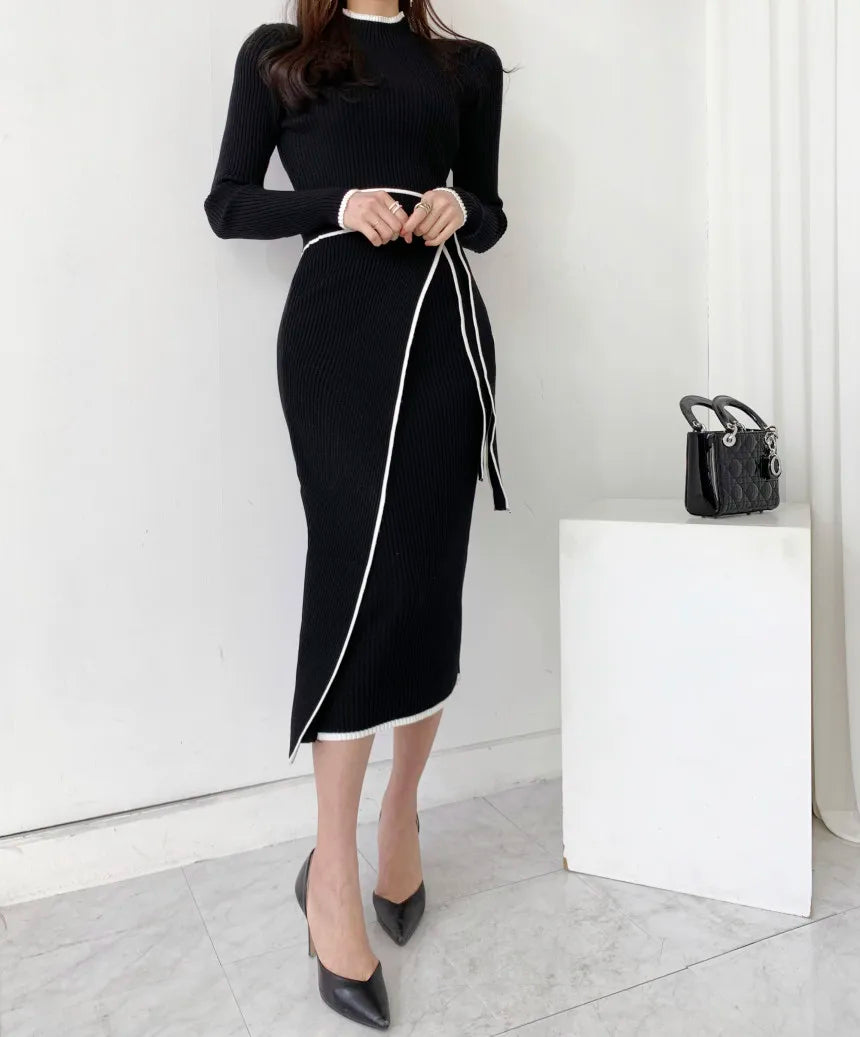 KIMLUD, New Retro Knitted Bodycon Dress Women Korean Fashion Autumn Winter Half High Collar Lace Up Elegant Sweater Dresses Vestidos, KIMLUD Womens Clothes