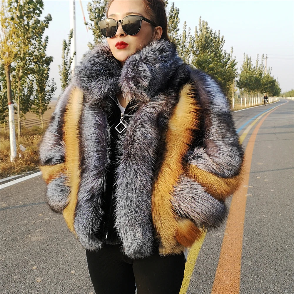 Real Fox Fur Jacket Women Luxury Genuine Silver Fox Short Coat Full Sleeves Winter Natural Plush Red Fox Fur Coat Female - KIMLUD