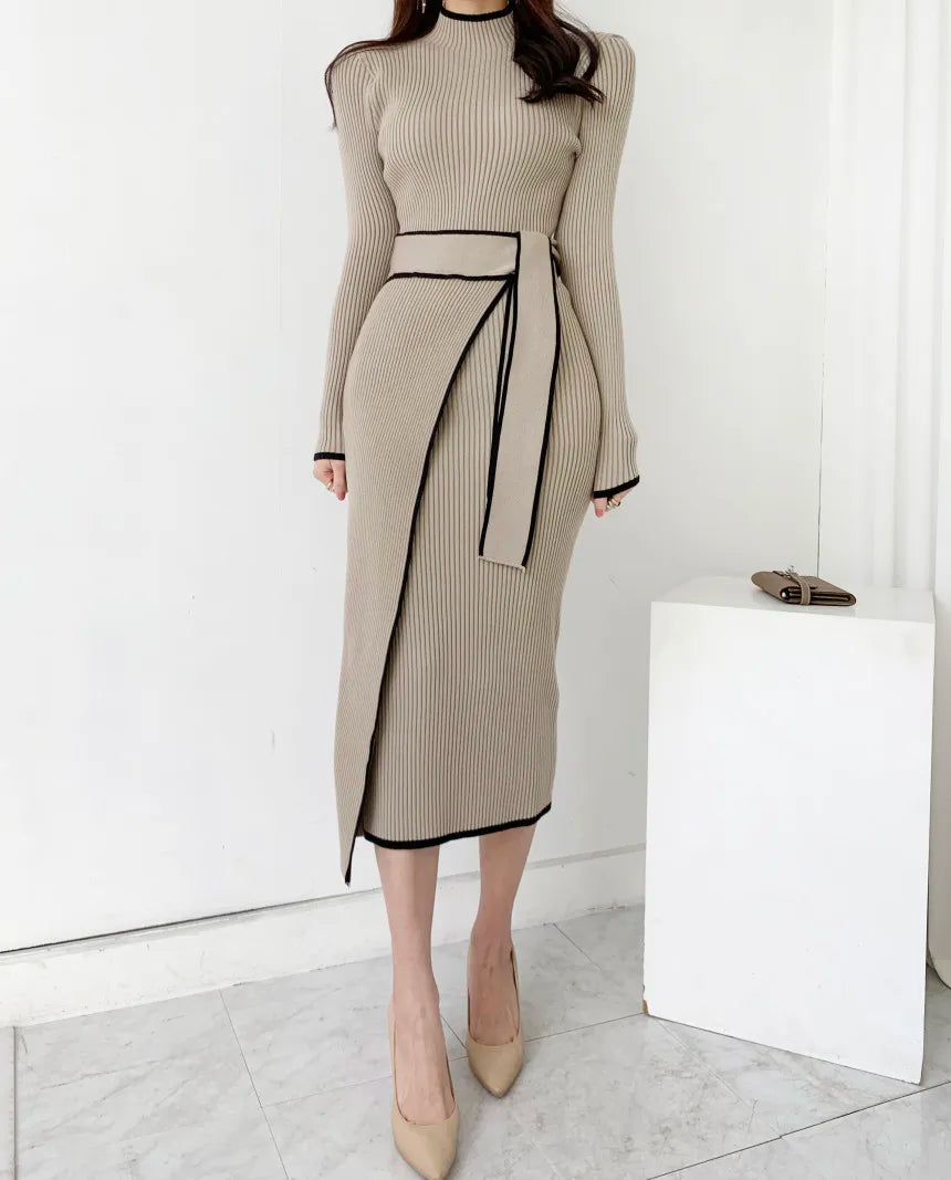 KIMLUD, New Retro Knitted Bodycon Dress Women Korean Fashion Autumn Winter Half High Collar Lace Up Elegant Sweater Dresses Vestidos, KIMLUD Womens Clothes