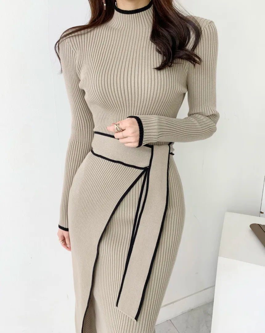 KIMLUD, New Retro Knitted Bodycon Dress Women Korean Fashion Autumn Winter Half High Collar Lace Up Elegant Sweater Dresses Vestidos, KIMLUD Womens Clothes
