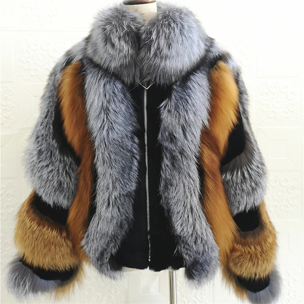 Real Fox Fur Jacket Women Luxury Genuine Silver Fox Short Coat Full Sleeves Winter Natural Plush Red Fox Fur Coat Female - KIMLUD