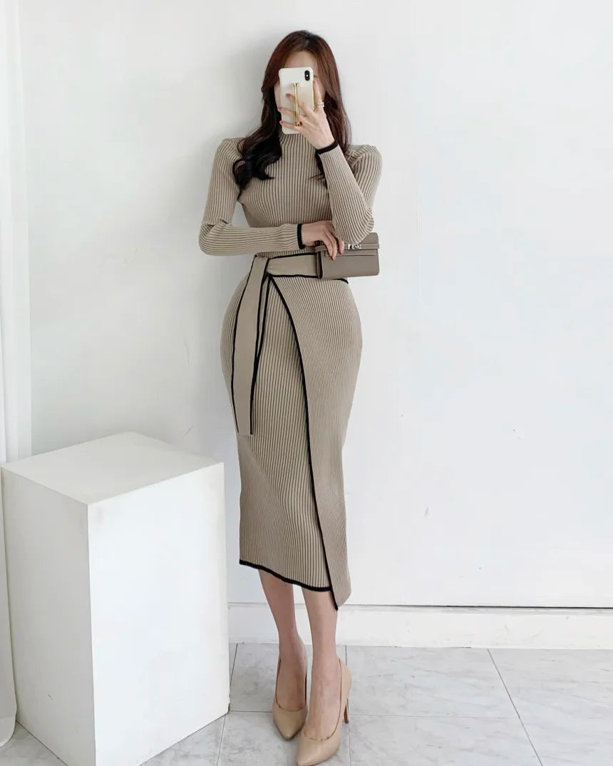 KIMLUD, New Retro Knitted Bodycon Dress Women Korean Fashion Autumn Winter Half High Collar Lace Up Elegant Sweater Dresses Vestidos, KIMLUD Womens Clothes