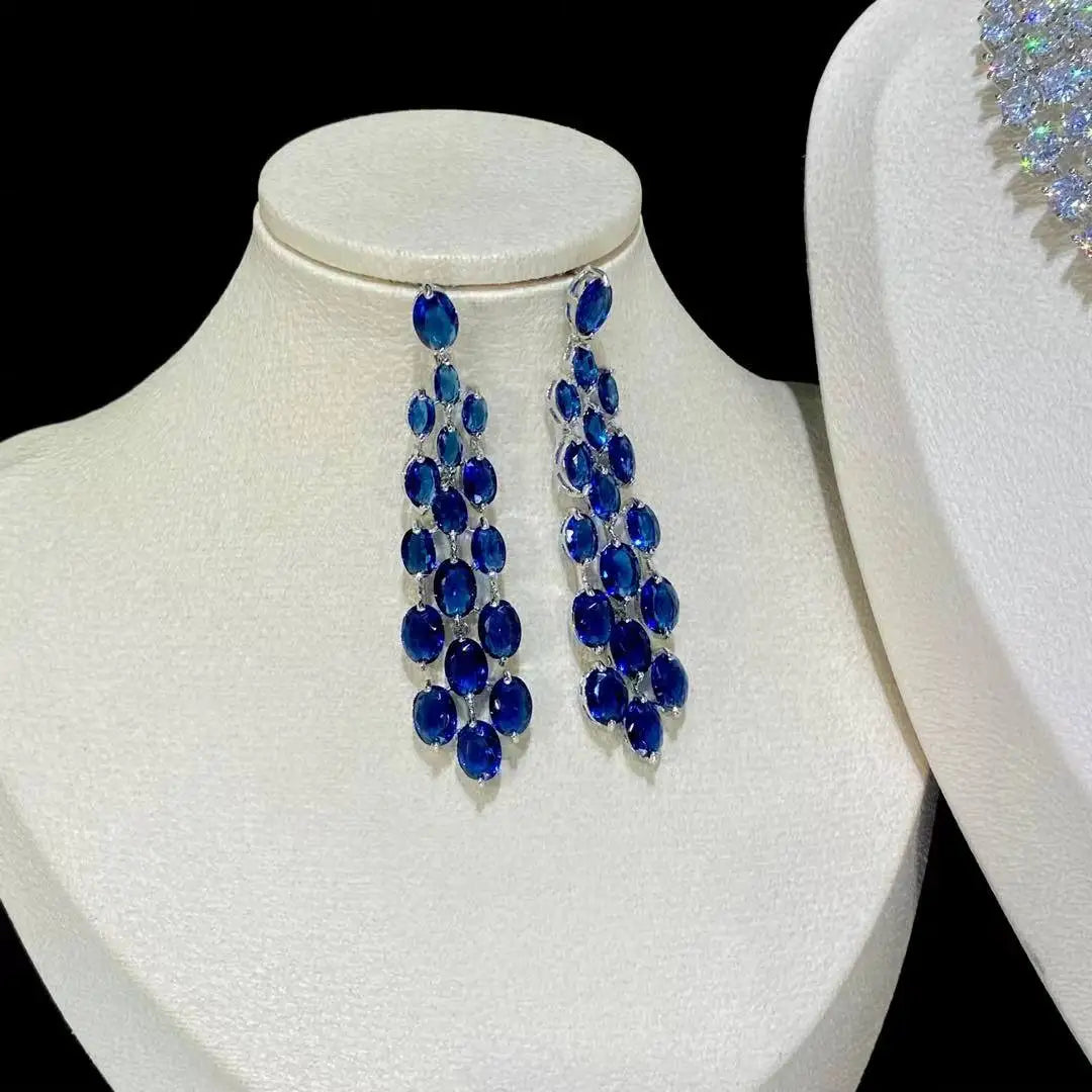 ASNORA - Luxury Blue 2 Piece Tassel Necklace Cubic Zircon Jewelry Set Women Wedding European Party Jewelry Set X0140