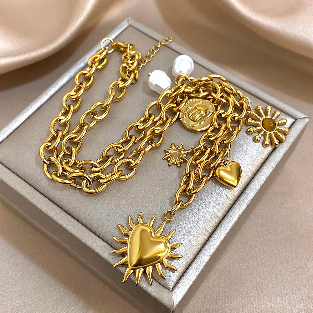 Vintage Chunky Golden Thick Chain Stainless Steel Charm Necklace Statement Chic Sun Heart Shaped Pendant Fashion Jewlery Gift