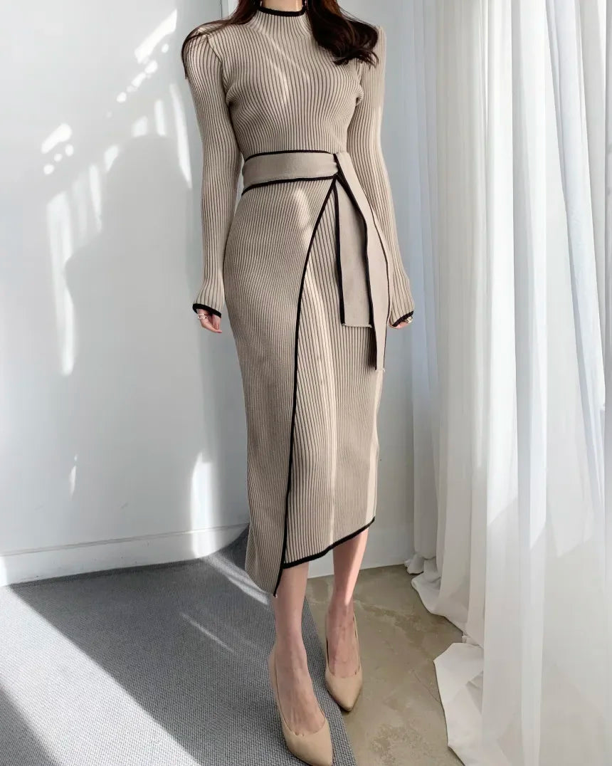 KIMLUD, New Retro Knitted Bodycon Dress Women Korean Fashion Autumn Winter Half High Collar Lace Up Elegant Sweater Dresses Vestidos, Khaki / One Size, KIMLUD APPAREL - Womens Clothes