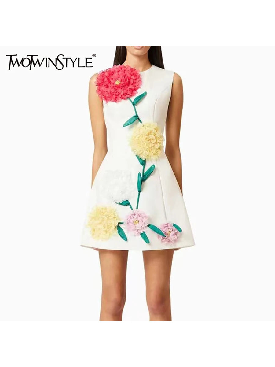 TWOTWINSTYLE hit color spliced appliques slimming dresses for women o neck sleeveless high waist temperament mini dress female