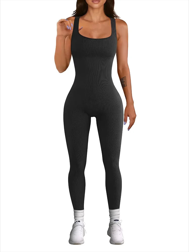 Women's Sleeveless Yoga Jumpsuit Exercise Ribbed Square Neck Vest High Waist  Fitness Sports One-piece Yoga Suit