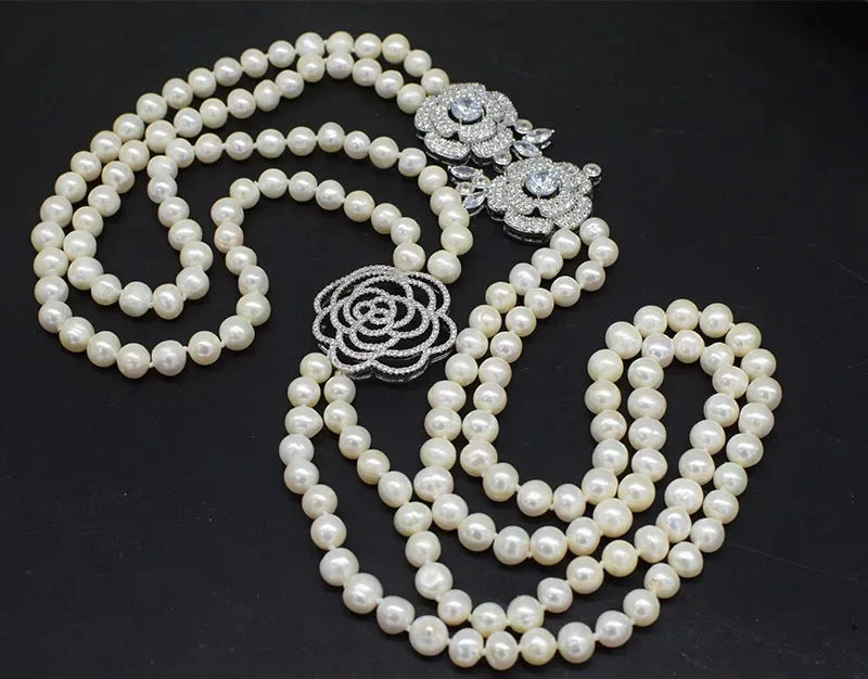 2ROWS freshwater pearl WHITE/GRAY ROUND 8-9MM necklace 24-26" FPPJ wholesale for woman gift