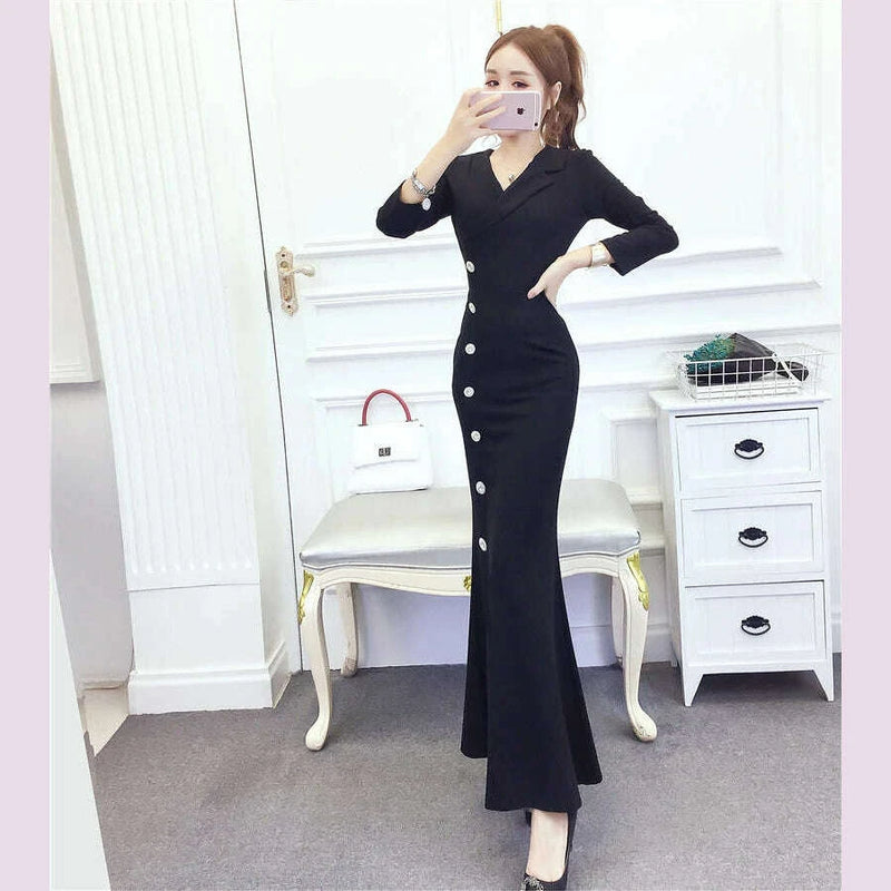 2025 Blue Bodycon Single Breasted Chic Office Lady Dress Women Korean Elegant Office Lady Dress Autumn Winter Fashion Prom Dress