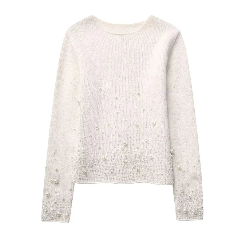 Solid Pearl Knitted Skirt Sets Women Long Sleeve O-neck Elegant Fashion Pullover Sweater Mini Skirts Female Casual 2 Piece Suit - KIMLUD
