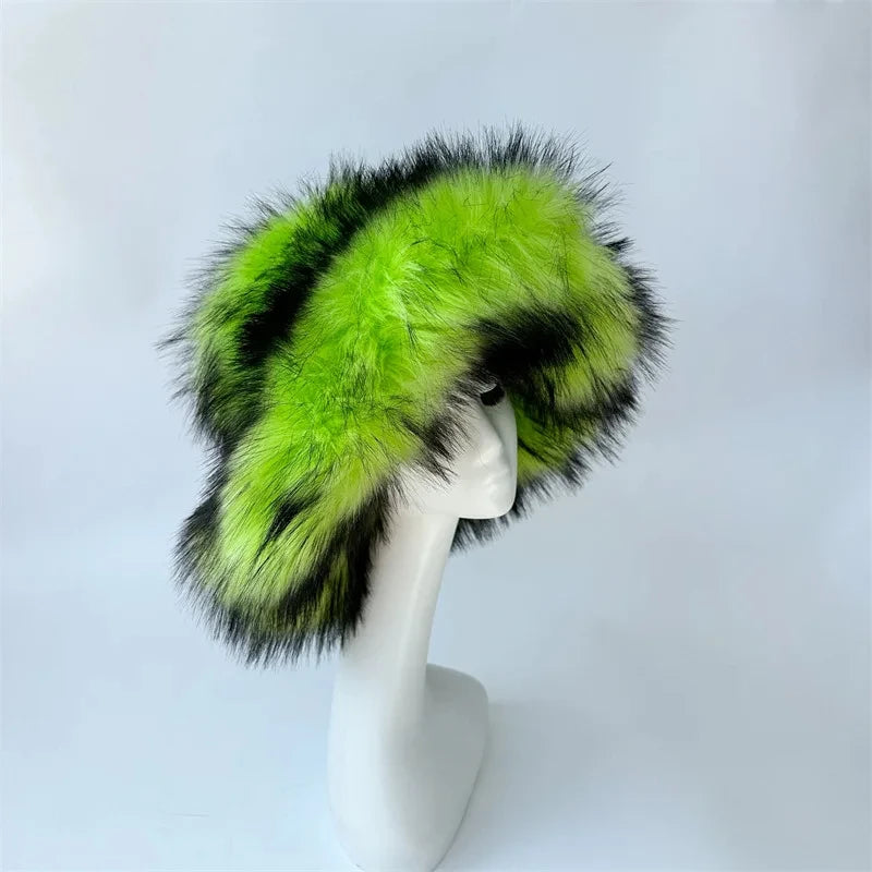 KIMLUD, Winter Women Faux Fur Bucket Hat Warm Raccoon Fur Hat Oversize Outdoor Punk Hat Girl Fashion Long Fur Bucket Hat Furry Cute Cap, bright green / CHINA, KIMLUD APPAREL - Womens Clothes