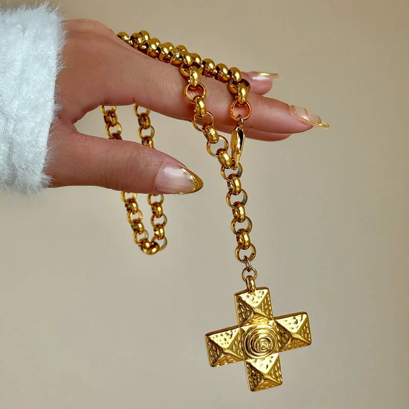 Swirling cross statement necklaces stainless steel necklaces for women vintage chunky stainless steel jewelry non tarnish - KIMLUD
