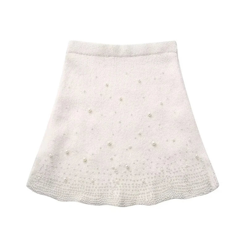 Solid Pearl Knitted Skirt Sets Women Long Sleeve O-neck Elegant Fashion Pullover Sweater Mini Skirts Female Casual 2 Piece Suit - KIMLUD