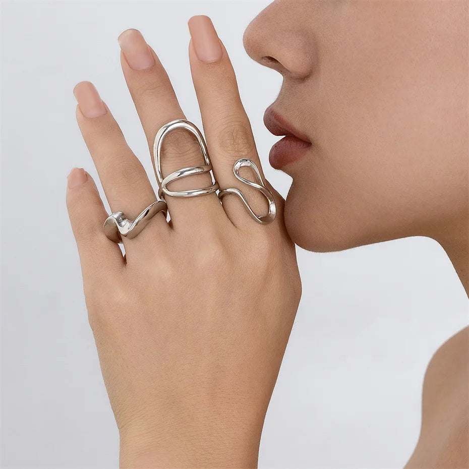 Ingemark 3Pcs Creative Irregular Twisted Metal Open Rings for Women Vintage Geometric Adjustable Finger Ring Couple Accessories