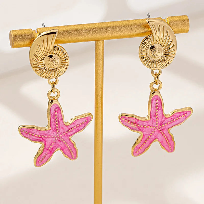 Conch Earrings for Women Fashion Children's Fun Ocean Series Metallic Color Starfish Beach Holiday Style Banquet Gift