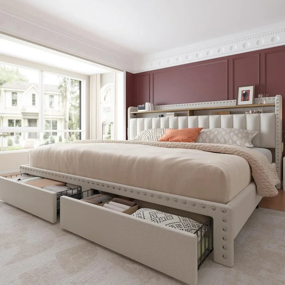 KIMLUD, King Size Bed Frame with Storage and Headboard, Upholstered Kings Beds Frames with Storage, King Bed Frame with 2 Drawers, Beige / King / United States, KIMLUD APPAREL - Womens Clothes