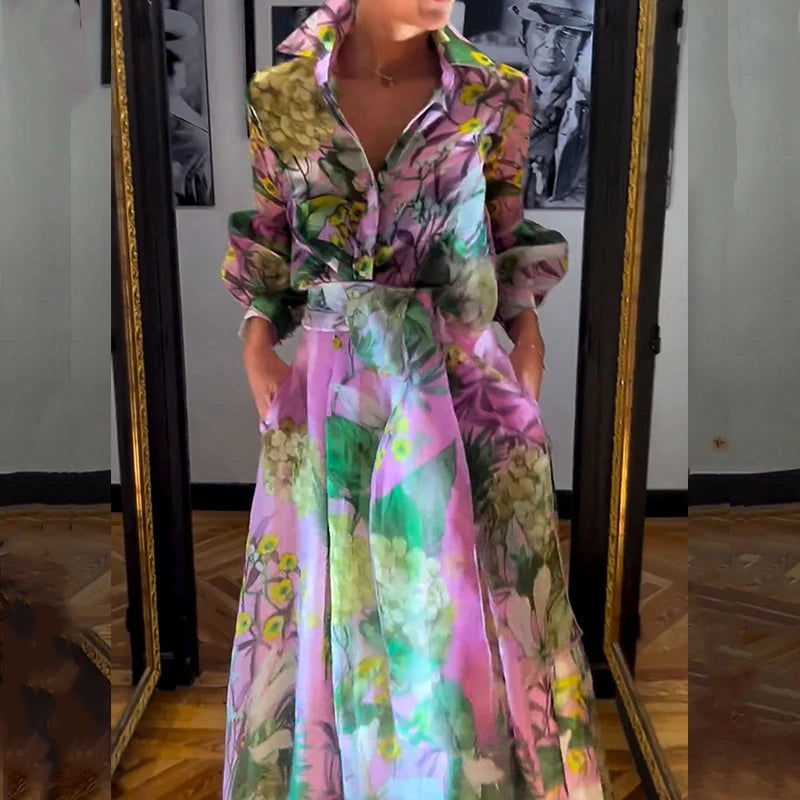 KIMLUD, 2024 Fashion Lace Up Party Outfit Elegant Pattern Print Autumn 2 Piece Sets Casual Lapel Lantern Sleeve Shirt + Long Skirt Suit, KIMLUD Womens Clothes