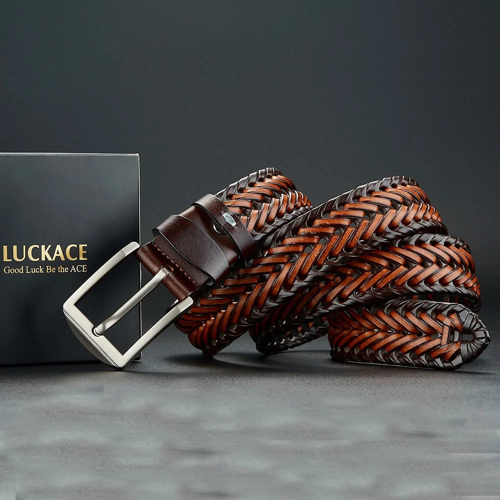 LUCKACE Genuine Leather Casual Men's Belt Trendy Golf Belts Knitted Belt With Alloy Buckle Best Gift Choice for Boyfriend/Husban