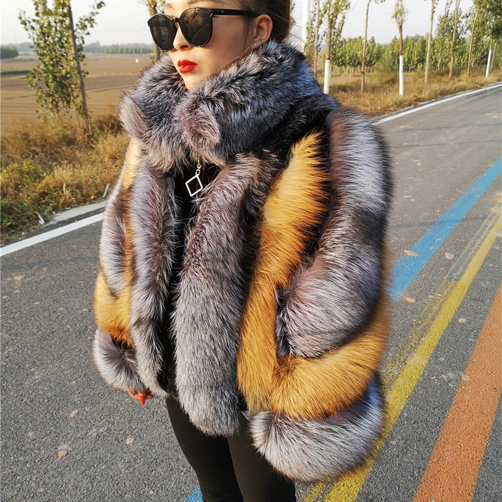 Real Fox Fur Jacket Women Luxury Genuine Silver Fox Short Coat Full Sleeves Winter Natural Plush Red Fox Fur Coat Female - KIMLUD