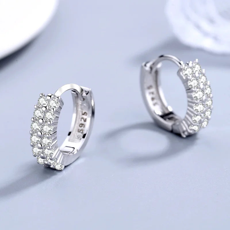 KIMLUD, URMYLADY 925 Sterling silver needle Earrings Fashion High Quality Jewelry Double Row Crystal Zircon Round Stud, KIMLUD Womens Clothes