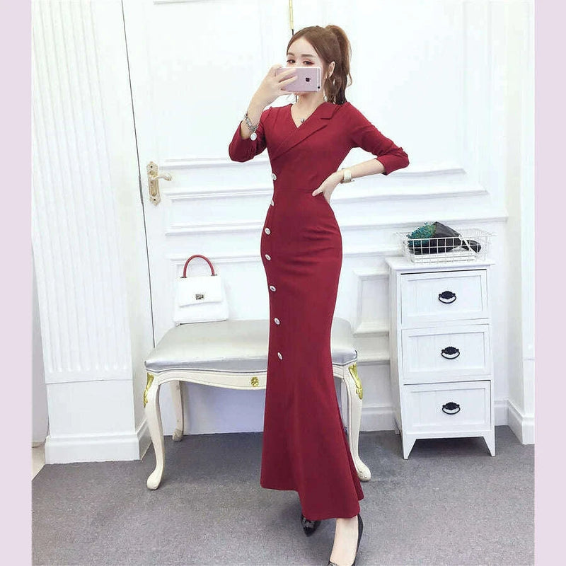2025 Blue Bodycon Single Breasted Chic Office Lady Dress Women Korean Elegant Office Lady Dress Autumn Winter Fashion Prom Dress