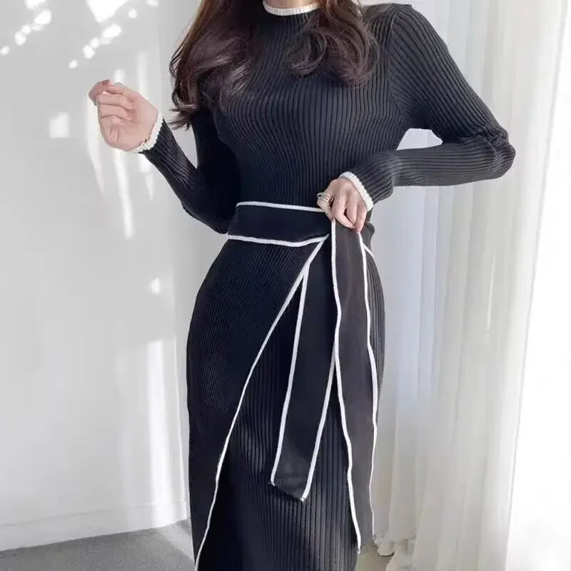 KIMLUD, New Retro Knitted Bodycon Dress Women Korean Fashion Autumn Winter Half High Collar Lace Up Elegant Sweater Dresses Vestidos, KIMLUD Womens Clothes