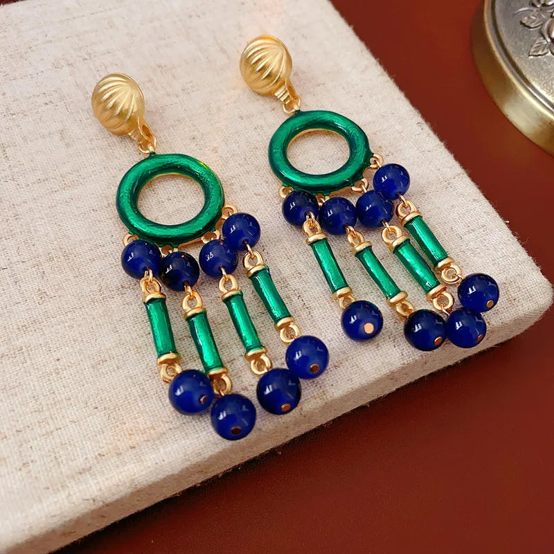 Three Pieces Vintage Drop Oil Jewelry Set Silver Needle Bamboo Knot Tassel Earrings Light Luxury Exaggerated Necklace Sets Women