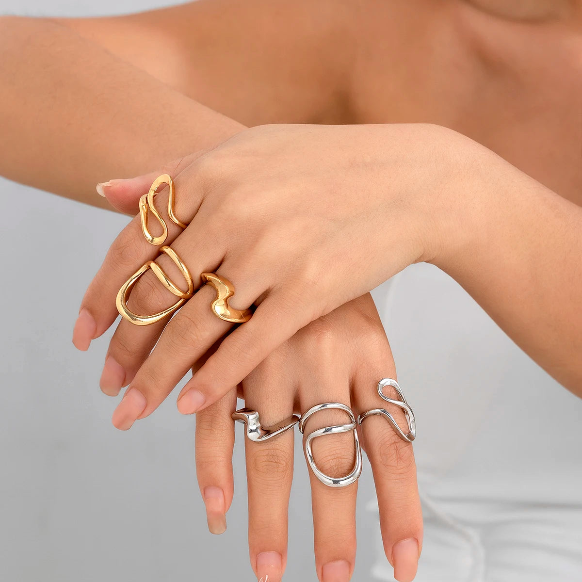 Ingemark 3Pcs Creative Irregular Twisted Metal Open Rings for Women Vintage Geometric Adjustable Finger Ring Couple Accessories