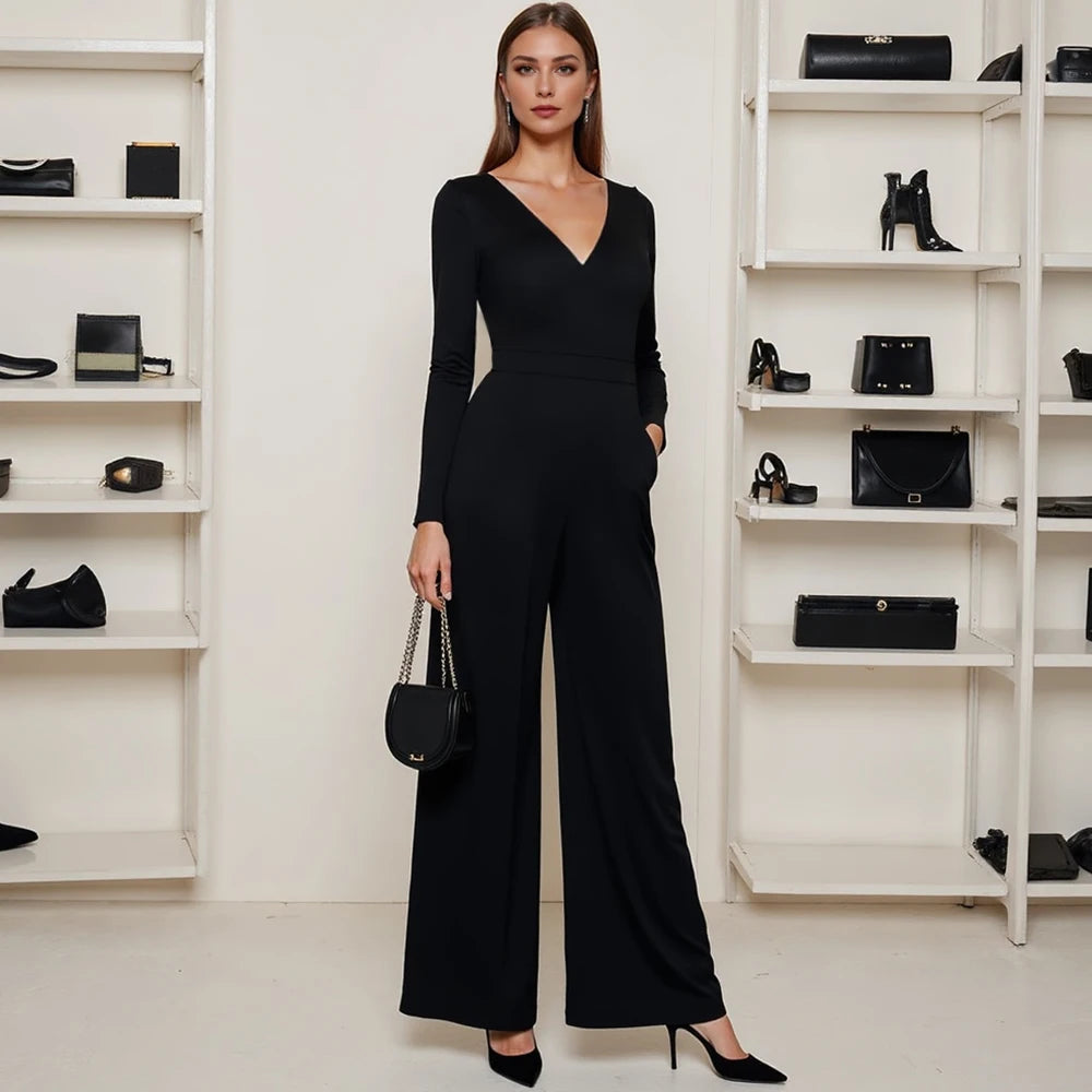 Mia Muse Women's Jumpsuits All Season French Elegant Solid Color Waist In Design  Long Sleeve Plunge Neck Wide Leg Suitable for
