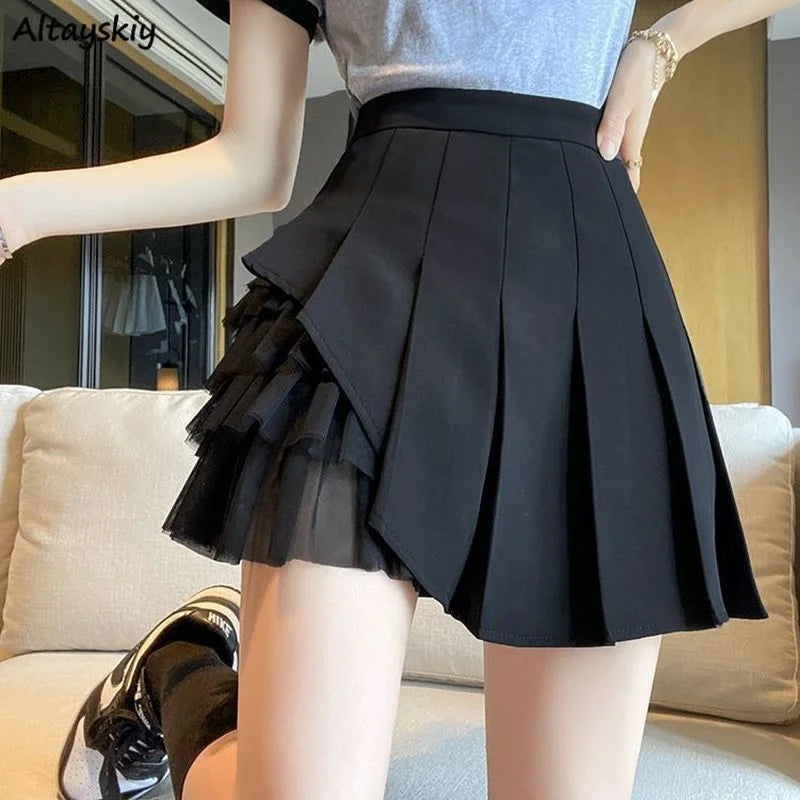 Pleated Skirts Women Chic Summer Party All-match Schoolgirls Clothing Vintage Slim Simple Pure Faldas Ulzzang Y2k Mesh Design