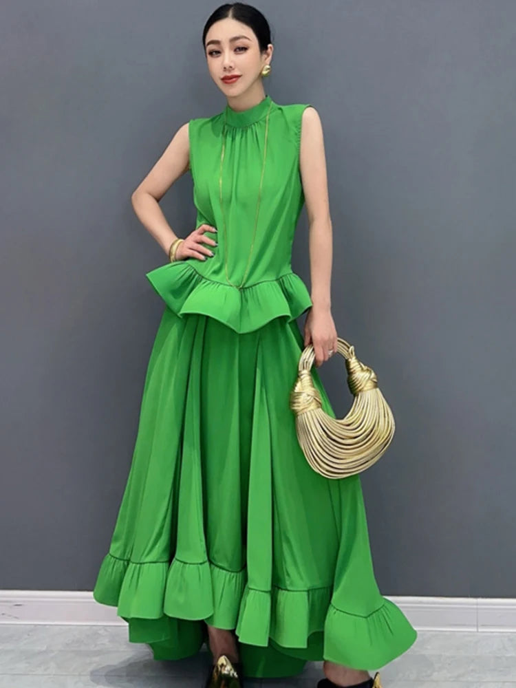 Vefadisa Newest 2025 Summer Green Women Sets Sleeveless Ruffle Edge Top Large hem Long Skirt Two pieces Dress Sets HLX064