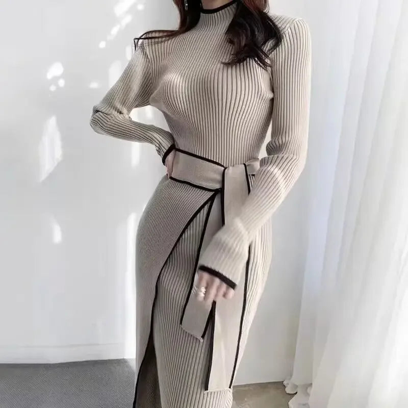 KIMLUD, New Retro Knitted Bodycon Dress Women Korean Fashion Autumn Winter Half High Collar Lace Up Elegant Sweater Dresses Vestidos, KIMLUD Womens Clothes