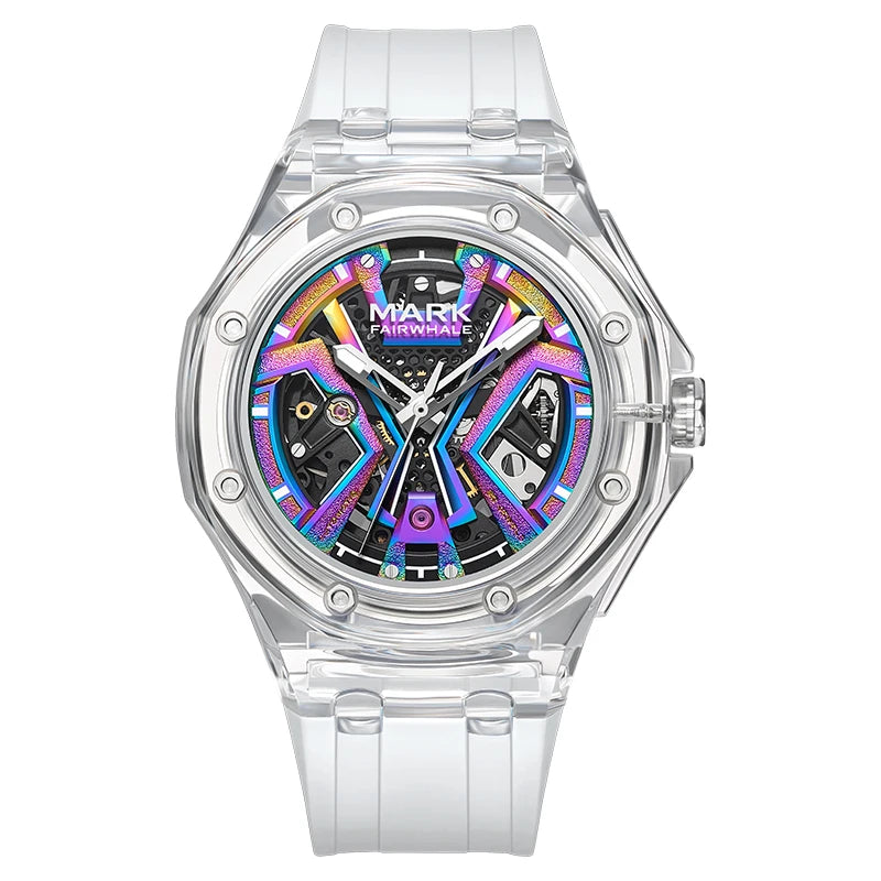 Mark Fairwhale Men's Fashion Automatic Mechanical Watch Sporty Casual Style with Transparent Case Silicone Strap Waterproof