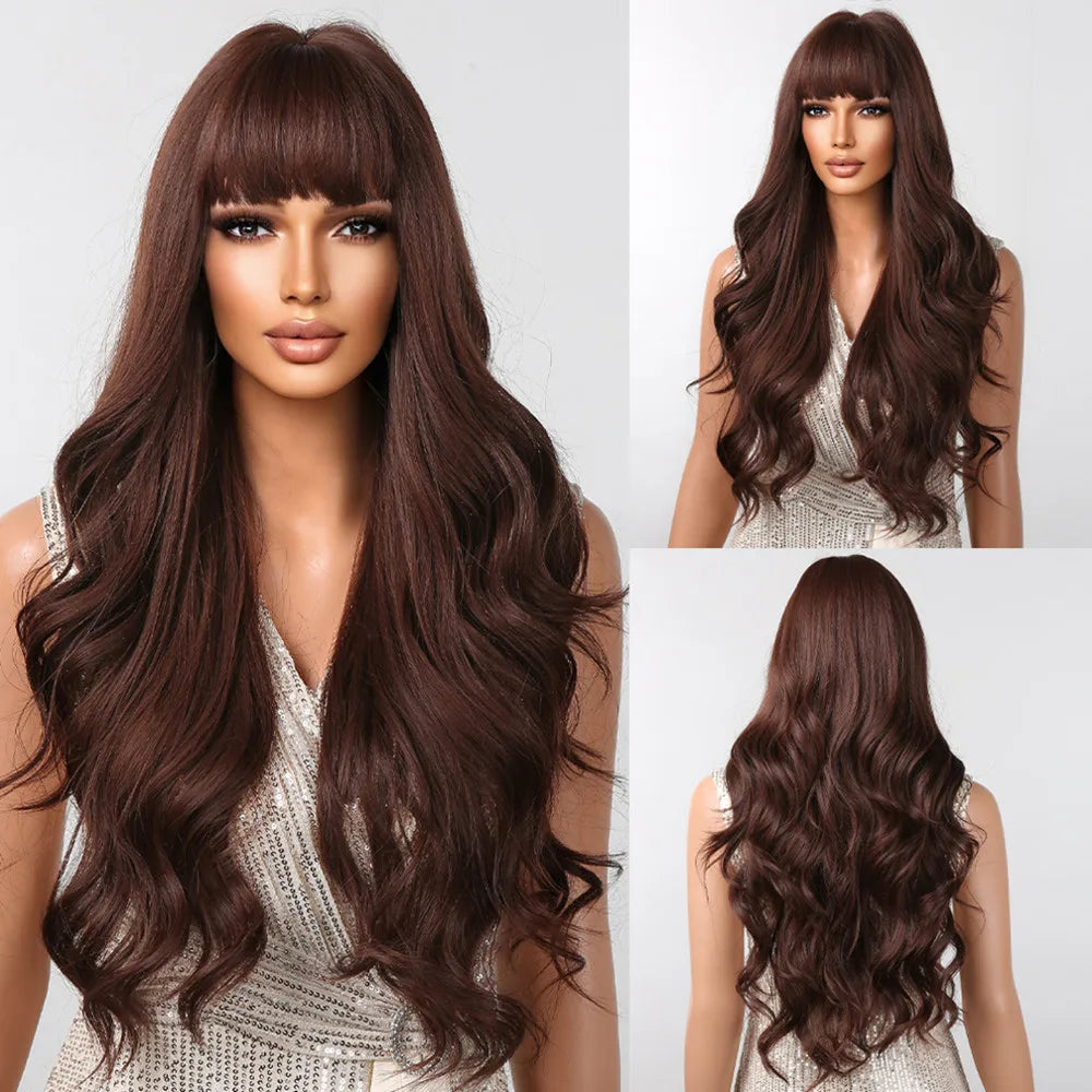 ESIN Red Brown Wavy Synthetic Wigs with Bangs Long Natural Wave Wig for Women Halloween Cosplay Party Colored Wig Heat Resistant - KIMLUD