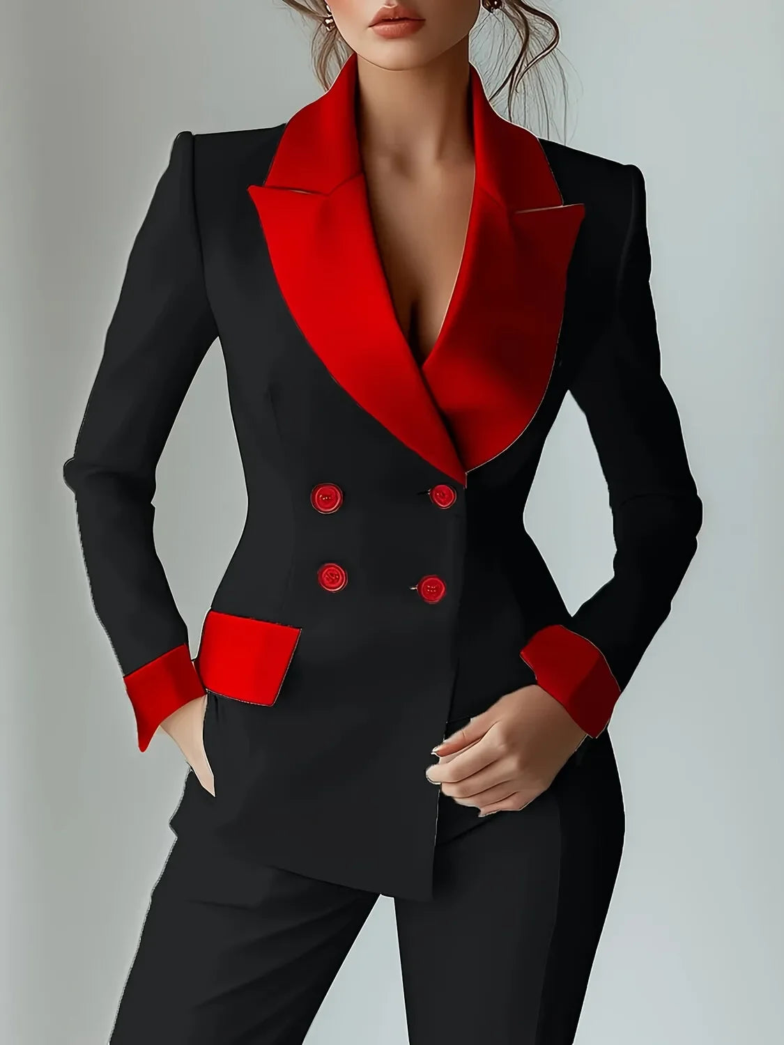 Women Patchwork Short Blazer Jacket Peak Lapel Fashion Office Lady Long Sleeve Elegant Casual Double Breasted Blazer Coat