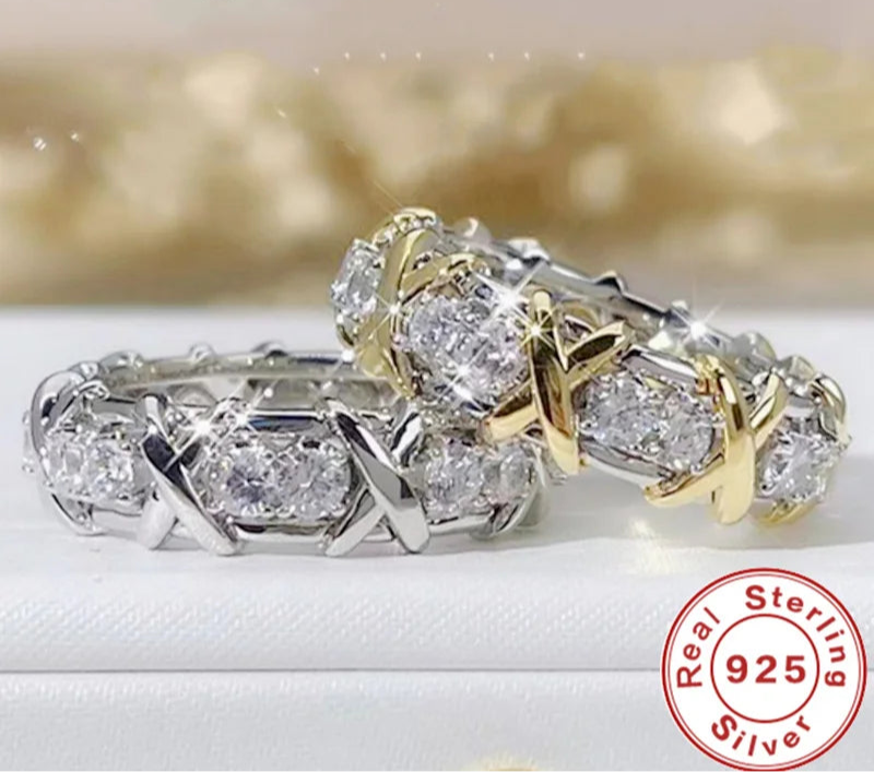 KIMLUD, Luxury 925 Sterling Silver Ring Interlaced With Aaa Zircon Crystal Ring For A Woman'S Engagement Jewelry Gift  2 Color Choices, KIMLUD Womens Clothes