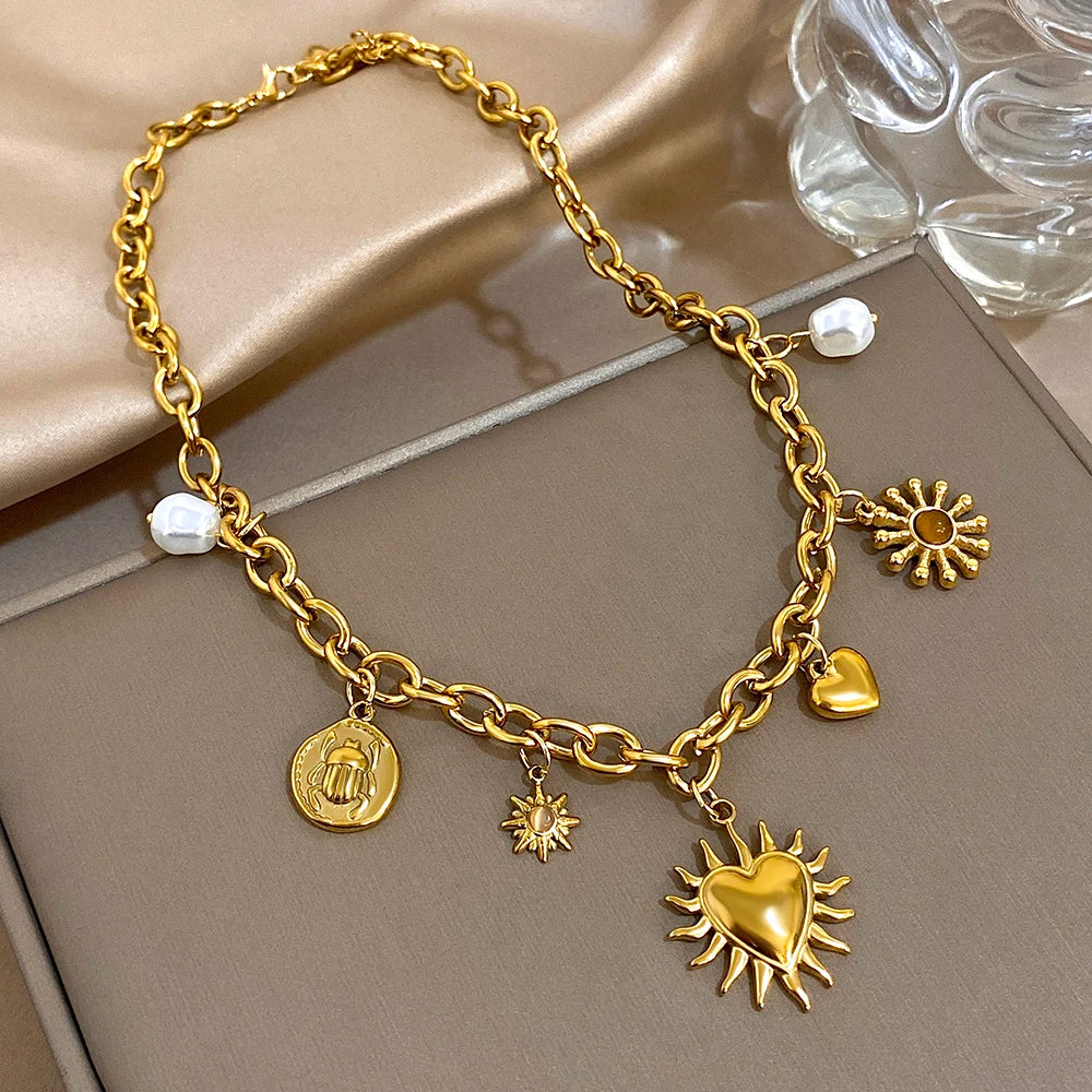 Vintage Chunky Golden Thick Chain Stainless Steel Charm Necklace Statement Chic Sun Heart Shaped Pendant Fashion Jewlery Gift