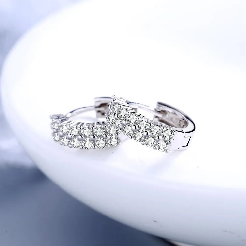 KIMLUD, URMYLADY 925 Sterling silver needle Earrings Fashion High Quality Jewelry Double Row Crystal Zircon Round Stud, KIMLUD Womens Clothes