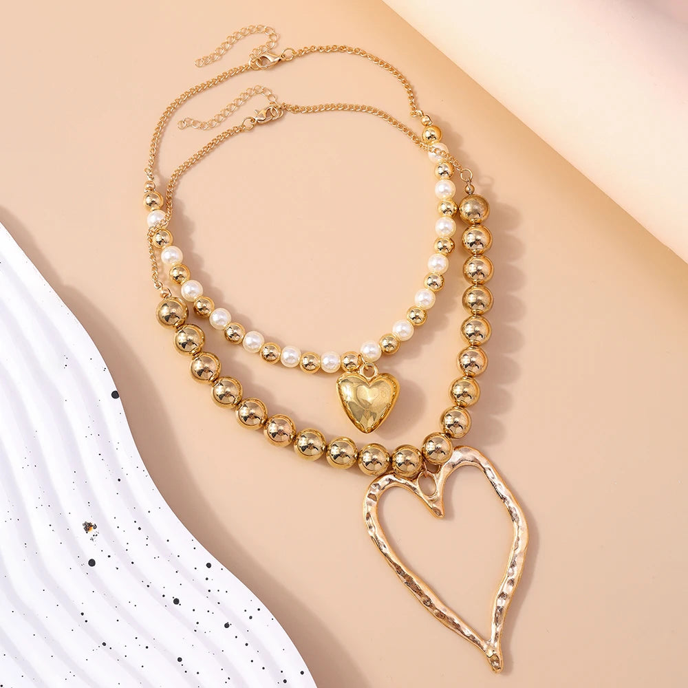 Exaggerated Hollow Big Heart Pendant Necklace for Women Girls CCB Ball Beads Necklace Party Club Punk Jewelry Gifts
