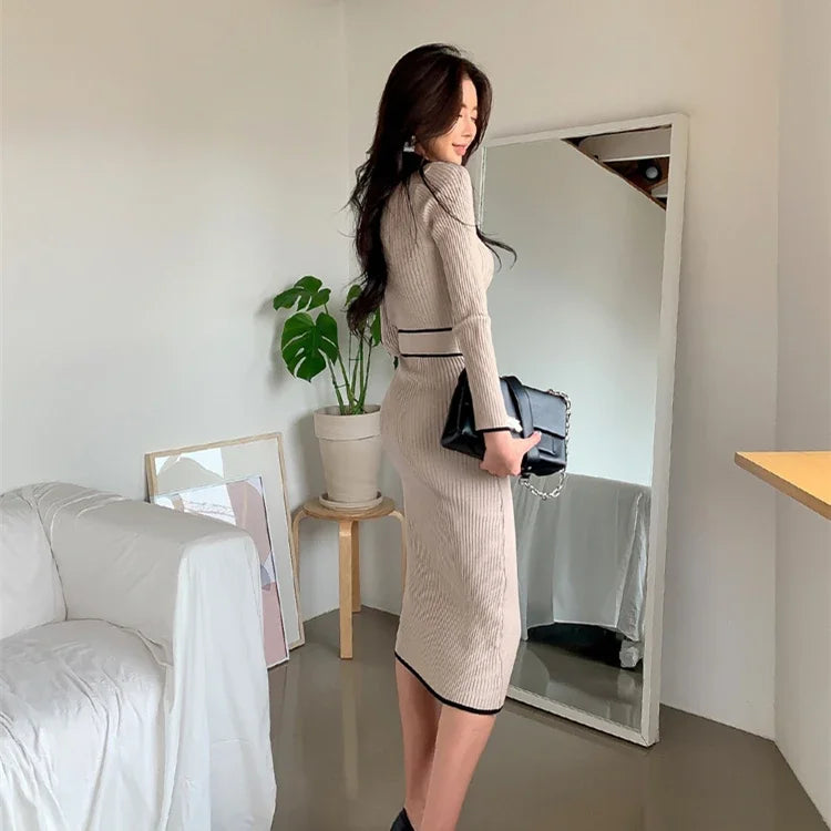 KIMLUD, New Retro Knitted Bodycon Dress Women Korean Fashion Autumn Winter Half High Collar Lace Up Elegant Sweater Dresses Vestidos, KIMLUD Womens Clothes