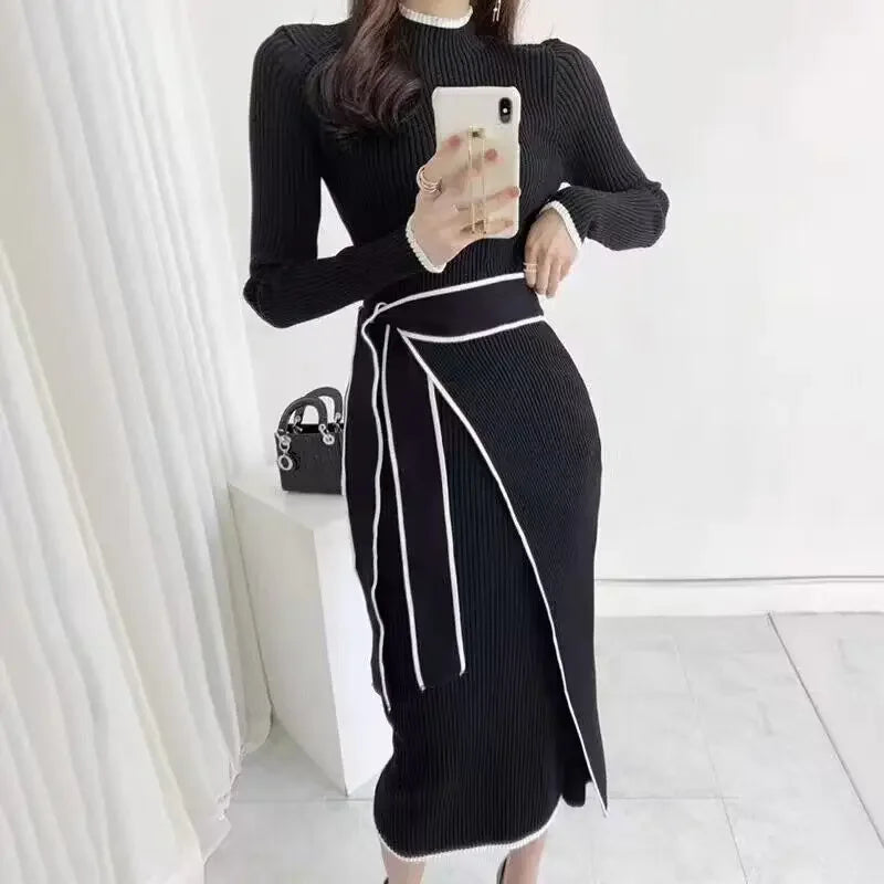 KIMLUD, New Retro Knitted Bodycon Dress Women Korean Fashion Autumn Winter Half High Collar Lace Up Elegant Sweater Dresses Vestidos, KIMLUD Womens Clothes