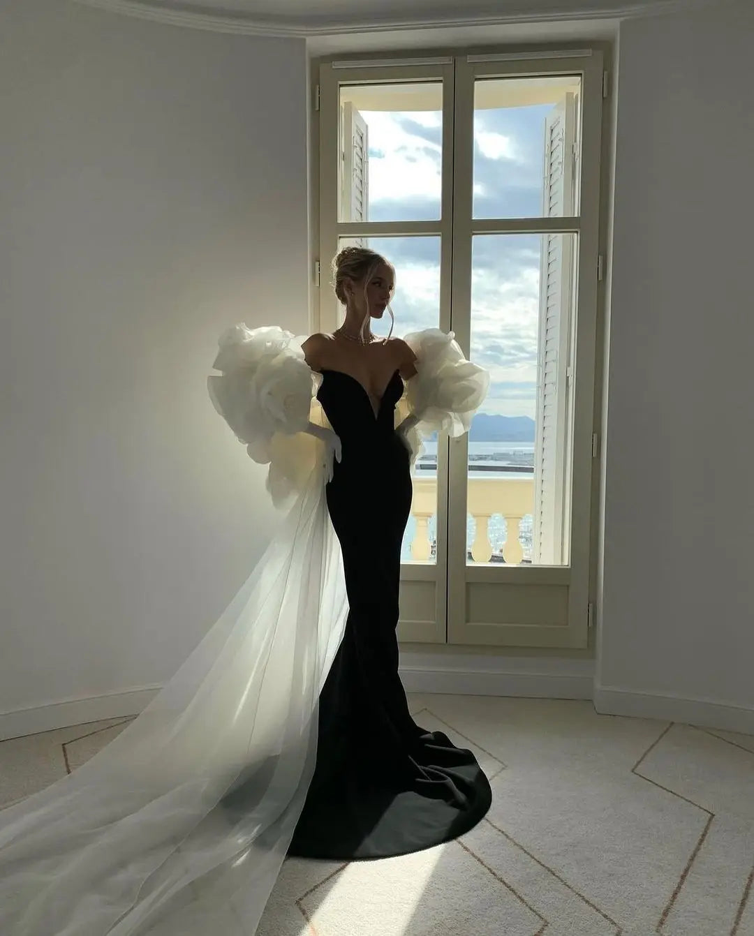KIMLUD, Stunning Black Mermaid Evening Dresses with Detachable Cape Train Tulle Ruffled Flower Chic Celebrity Gown Formal Occasion Dress, KIMLUD Womens Clothes