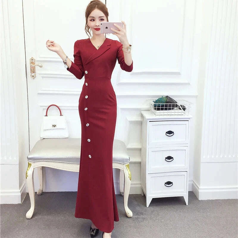 2025 Blue Bodycon Single Breasted Chic Office Lady Dress Women Korean Elegant Office Lady Dress Autumn Winter Fashion Prom Dress