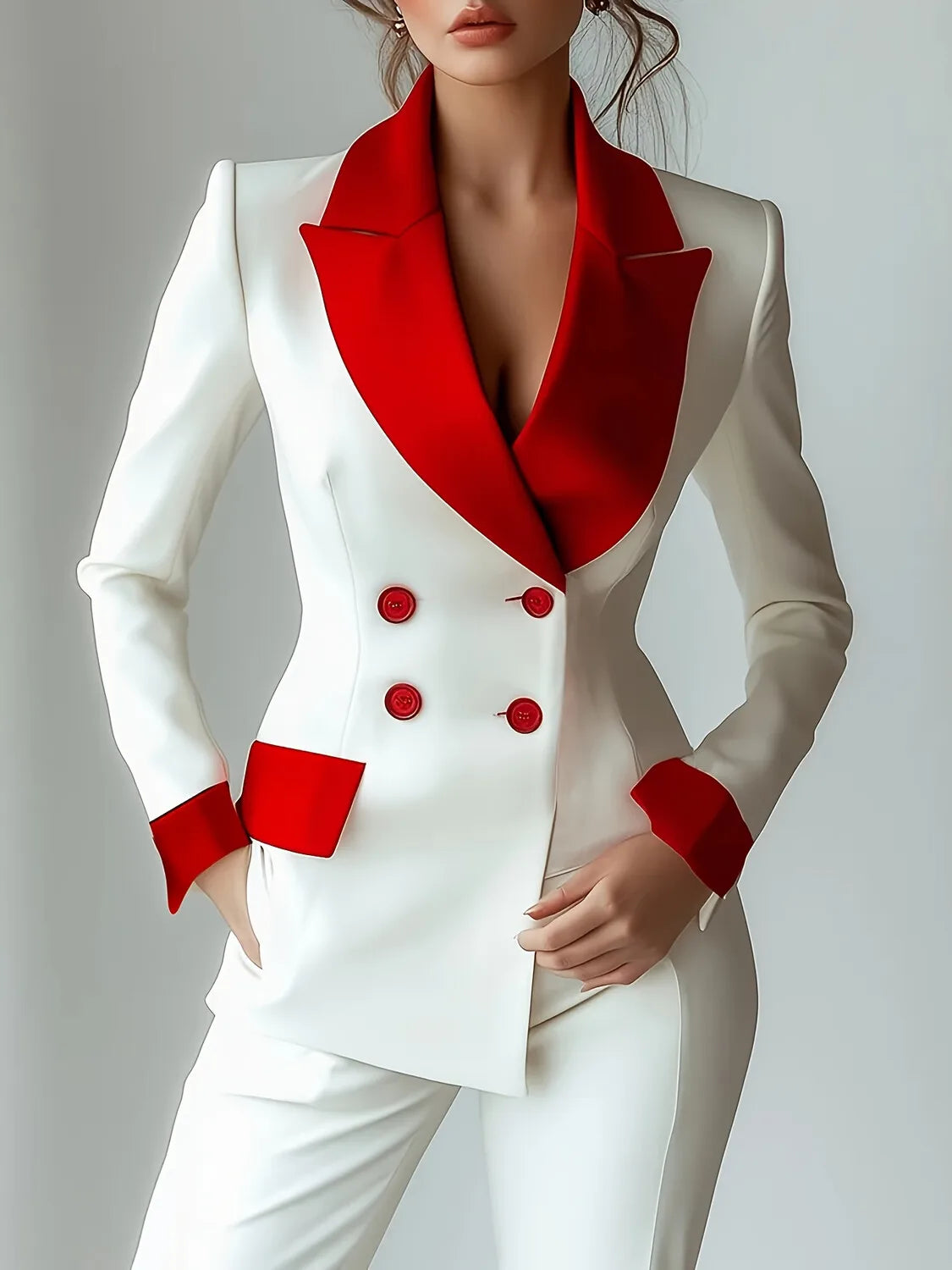 Women Patchwork Short Blazer Jacket Nothed Collar Fashion Office Lady Long Sleeve Elegant Casual Double Breasted Blazer Coat