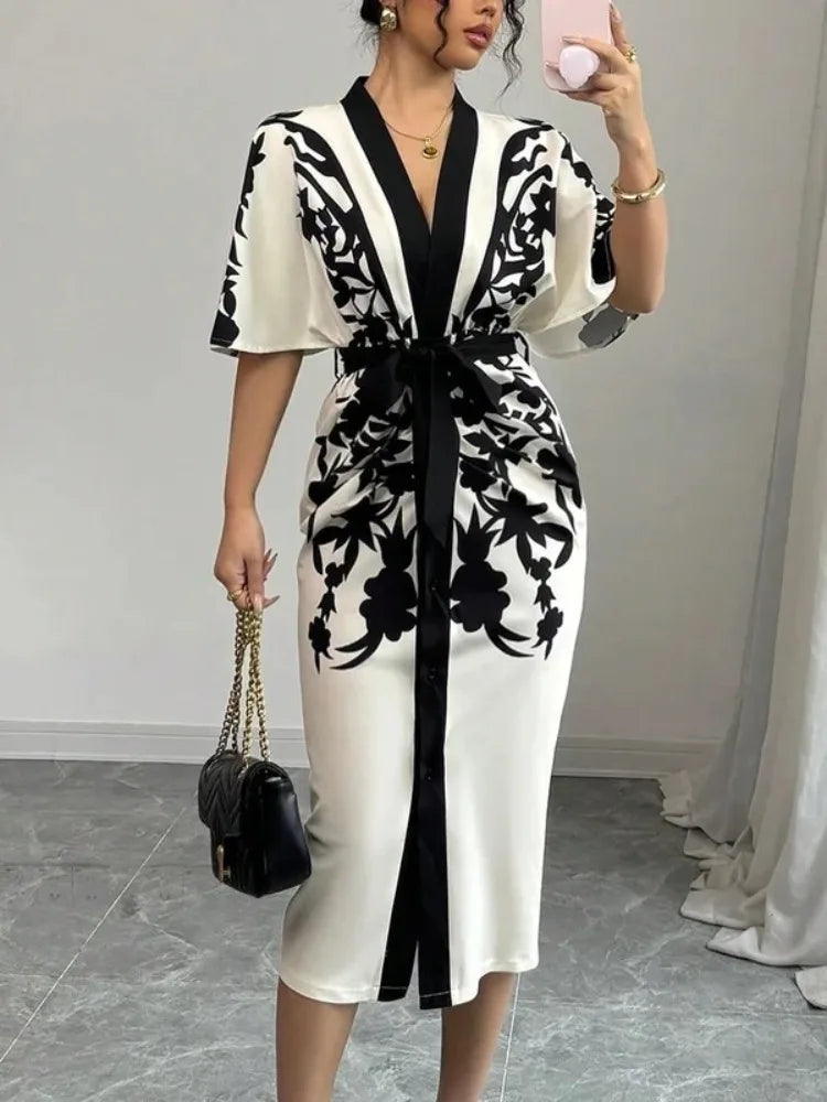 Yeezzi Urban Elegant Women Flower Printed Tied Waist Party Evening Midi Dresses 2025 New Half Sleeves V-Neck Office A-line Dress