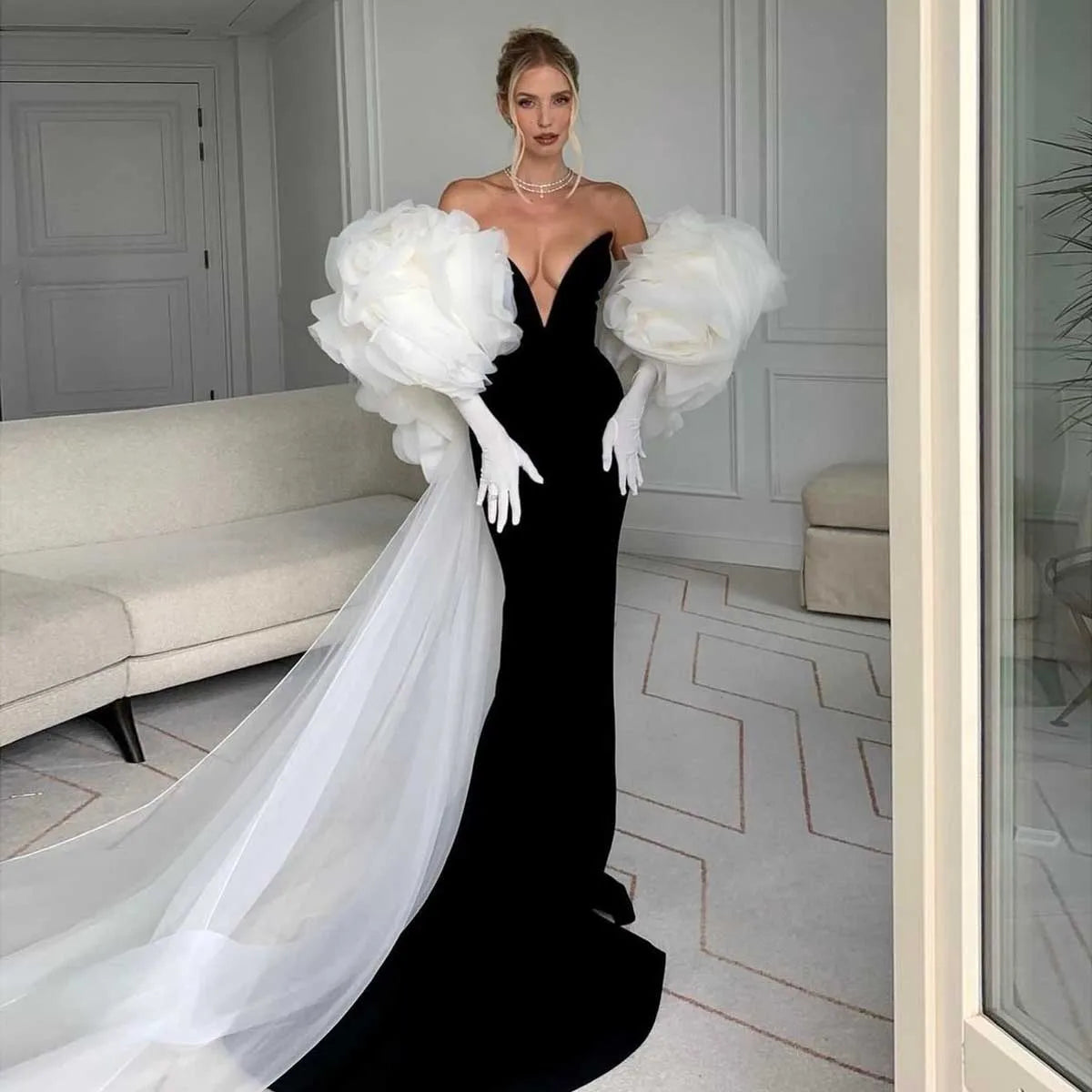 KIMLUD, Stunning Black Mermaid Evening Dresses with Detachable Cape Train Tulle Ruffled Flower Chic Celebrity Gown Formal Occasion Dress, WHITE / 20W, KIMLUD APPAREL - Womens Clothes