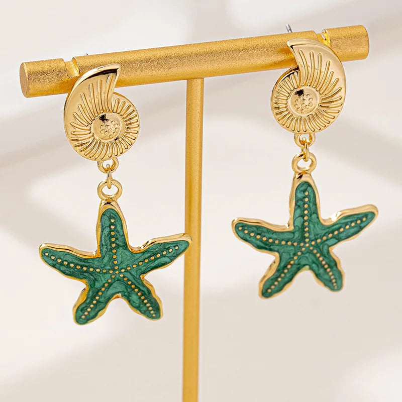 Conch Earrings for Women Fashion Children's Fun Ocean Series Metallic Color Starfish Beach Holiday Style Banquet Gift