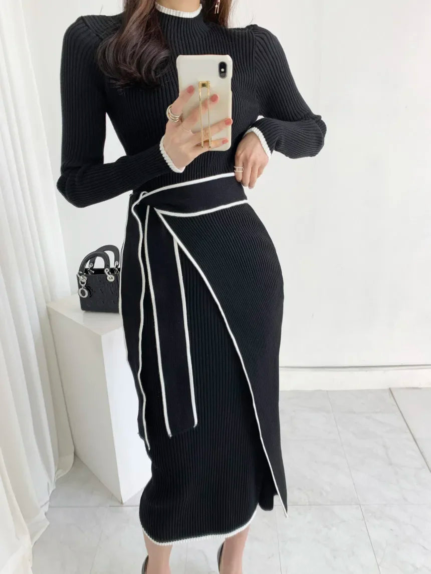 KIMLUD, New Retro Knitted Bodycon Dress Women Korean Fashion Autumn Winter Half High Collar Lace Up Elegant Sweater Dresses Vestidos, black / One Size, KIMLUD APPAREL - Womens Clothes