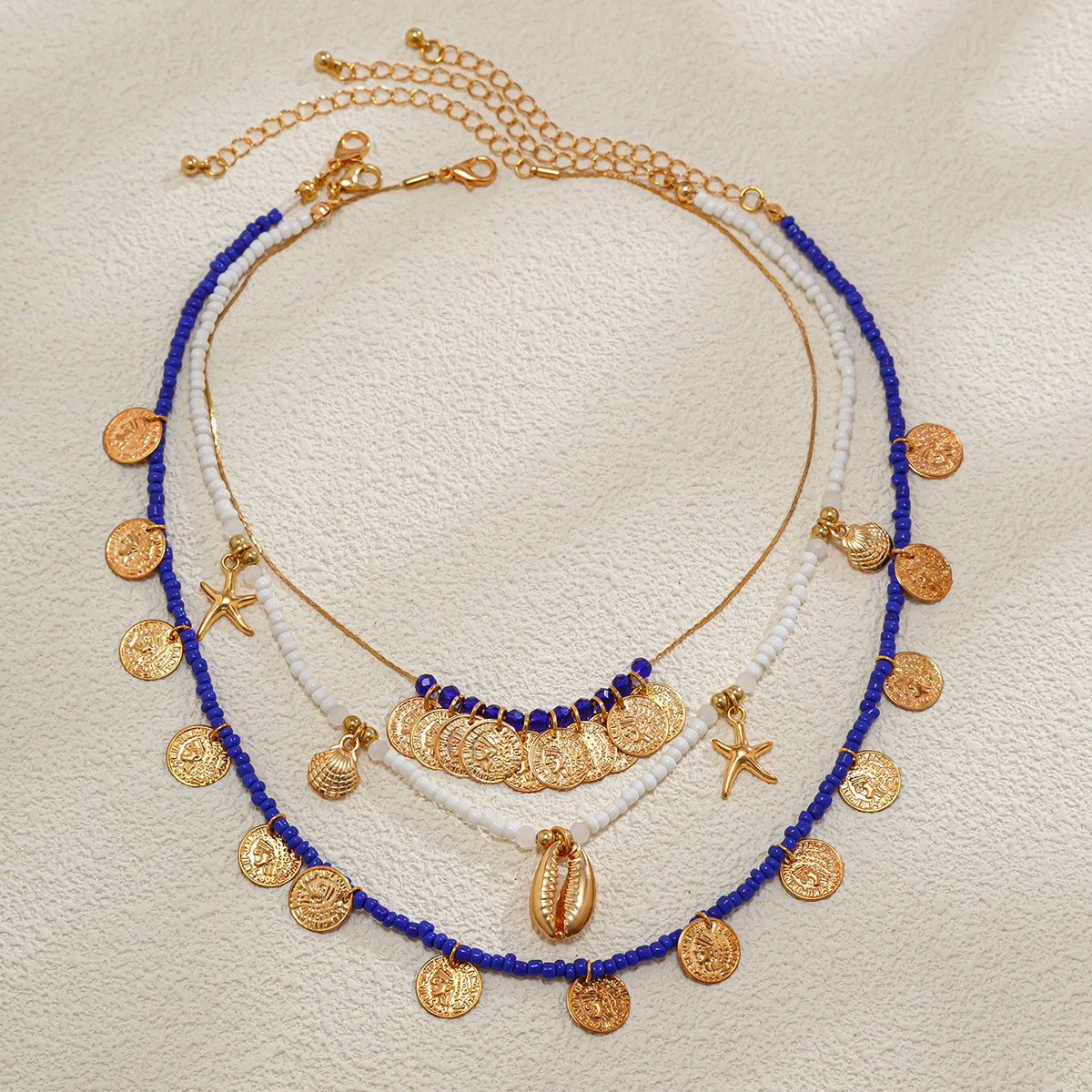 Ingemark 3Pcs/Set Boho Seed Beads Chain Necklace for Women Beach Vintage Metal Conch Starfish Coin Pendant Choker Y2K Jewelry