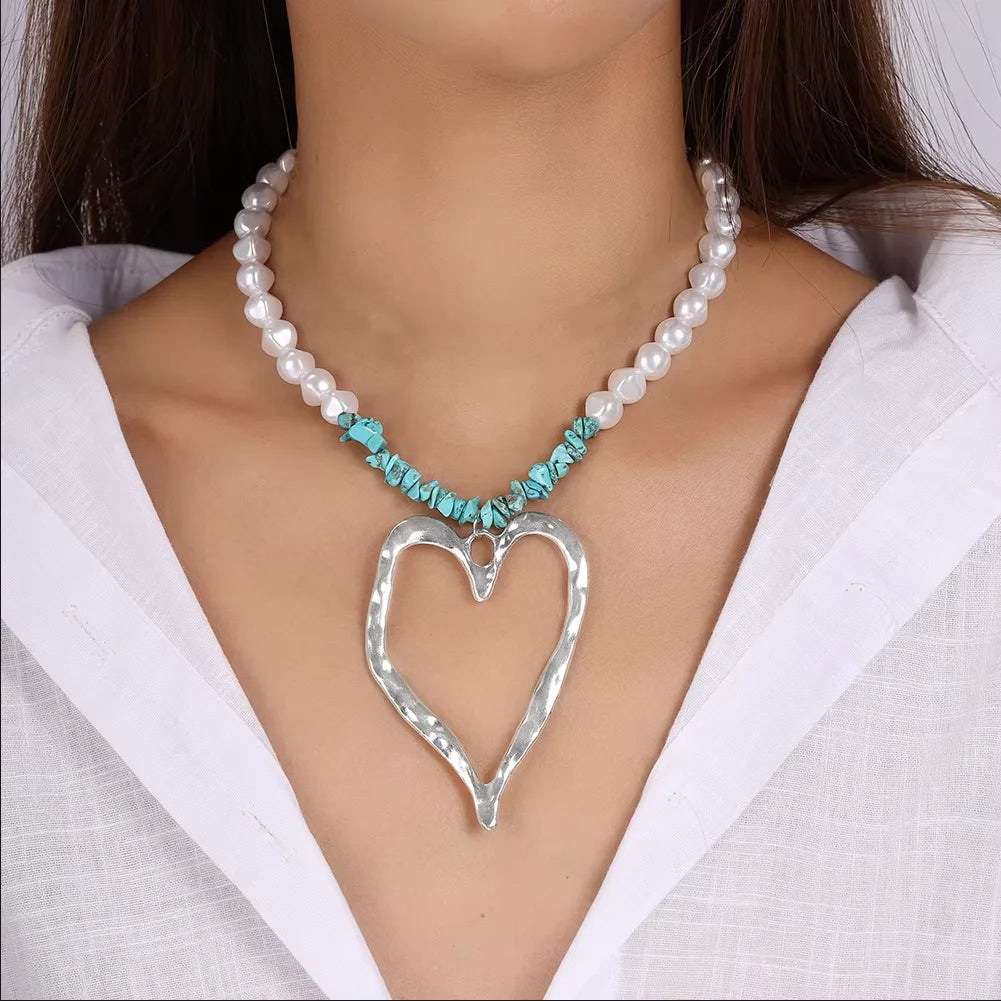 Exaggerated Hollow Big Heart Pendant Necklace for Women Girls CCB Ball Beads Necklace Party Club Punk Jewelry Gifts